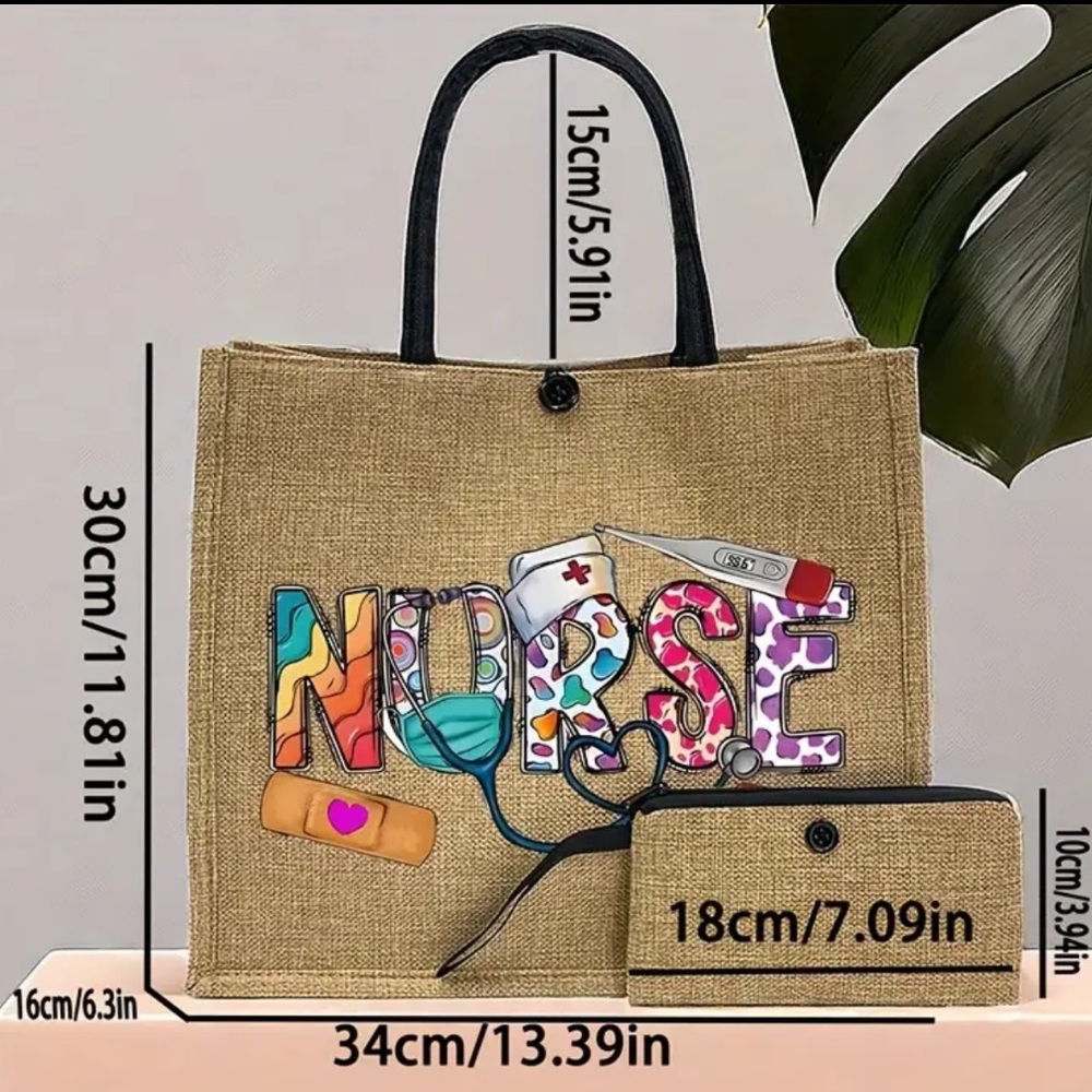 Nurse Graphic Natural Jute Tote Bag with Zip Pouch - Picture 9 of 9